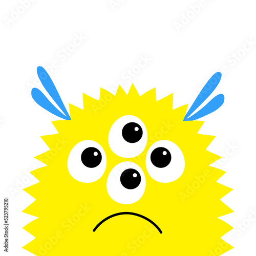 Fluffy monster yellow head face silhouette. Happy Halloween. Cute Funny Kawaii cartoon baby character. Eyes, horn ears. Sad face. Boo. Sticker print. Flat design. White background.