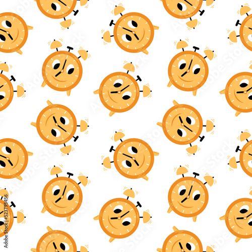 Vector seamless pattern with cute alarm clock. Clock with eyes and smile. Back to school.
