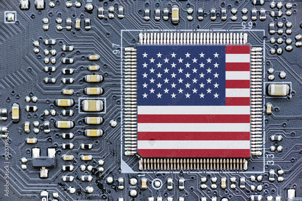 Flag of USA on a processor, CPU Central processing Unit or GPU