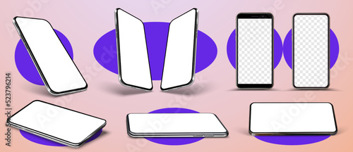 Realistic smartphone mockup. Device UI UX mockup for presentation template. Cellphone frame with blank display isolated templates, phone different angles