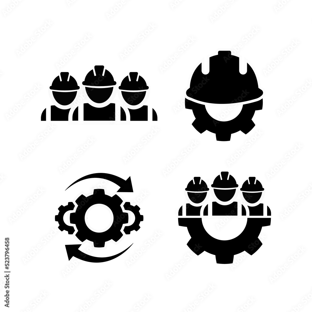 Construction workers icon set in flat. Building contractor symbol on white. Industrial workers with gear.