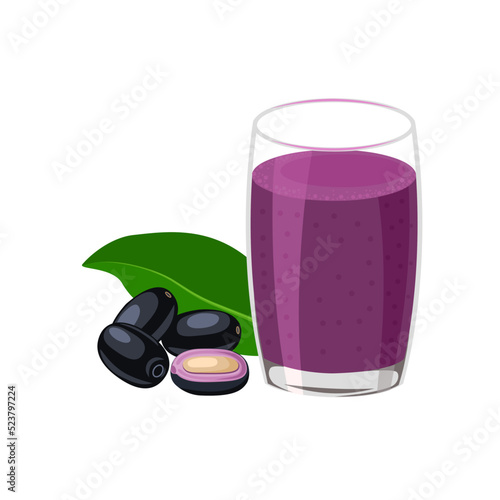 Vector illustration, Jambolan plum juice or Javanese plum, scientific name Syzygium cumini, isolated on a white background, exotic fruit as a medicinal herb.