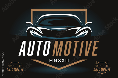 Auto car dealer logo emblem. Sports car silhouette icon. Motor vehicle dealership badge. Automotive showroom garage sign. Vector illustration.