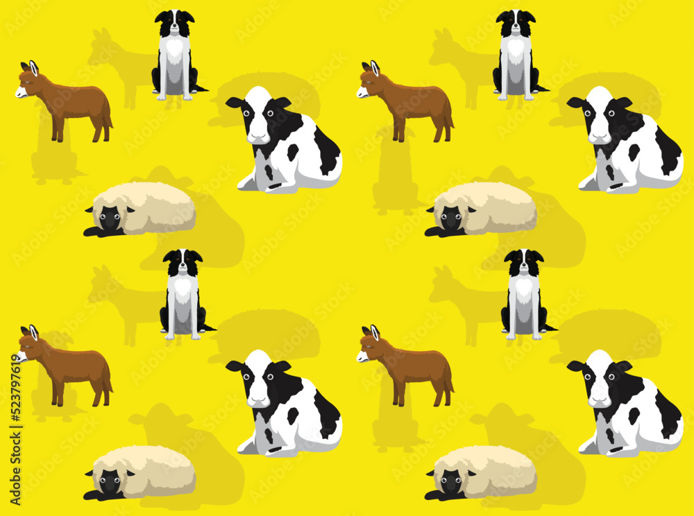 Fototapeta premium Farm Animal Dog Cow Sheep Donkey Seamless Wallpaper Background