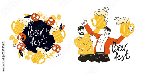 Beer festival and Oktoberfest emblems or badges set with man holding beer glass and decorative badge with plant elements, flat vector illustration isolated on white background.