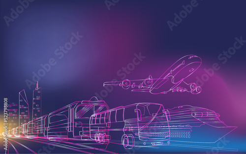 Vector illustration of passenger plane, cruise ship, train and passenger bus. Background on transport and transport. The city and the full moon in the background.