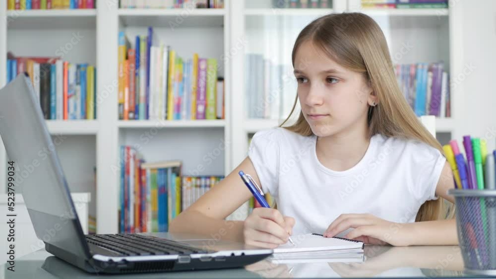 Student Child Writing at Laptop, Online School Education, Teenager Kid Learning, Girl Studying in Coronavirus Pandemic, Homework Student Child Writing at Laptop, Online School Education, Teenager Kid Learning, Girl Studying in Coronavirus Pandemic, Homework
