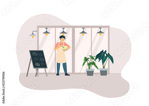 Business owners cartoon diverse people work in the family business. Collection of owners and customers with a small shop, guest house, cafe, store facades, and services.