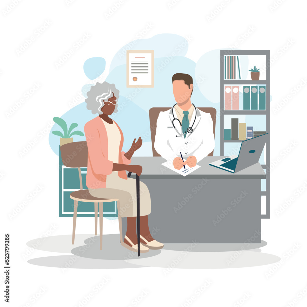 Elderly woman at the doctor's office. Doctor and patient. Thank you doctors and nurses. Vector illustration in a flat style. Elderly woman at the doctor's office. Doctor and patient. Thank you doctors and nurses. Vector illustration in a flat style.