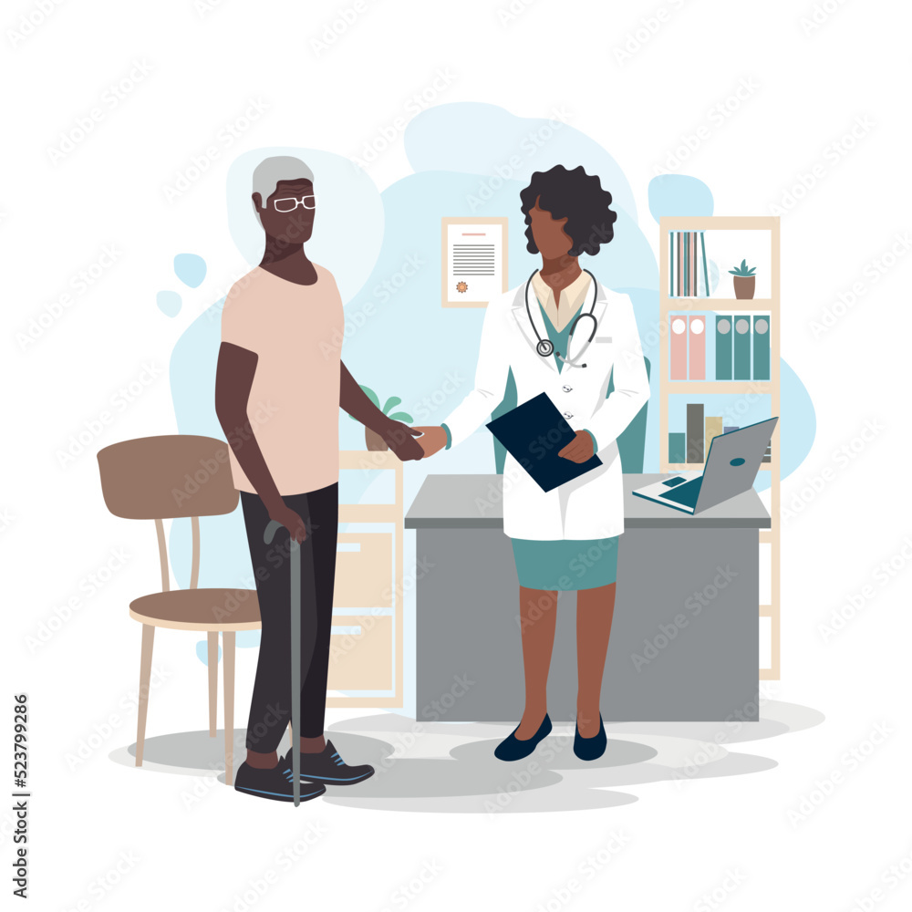 Elderly man at the doctor's office. Doctor and patient. Thank you doctors and nurses. Vector illustration in a flat style.
