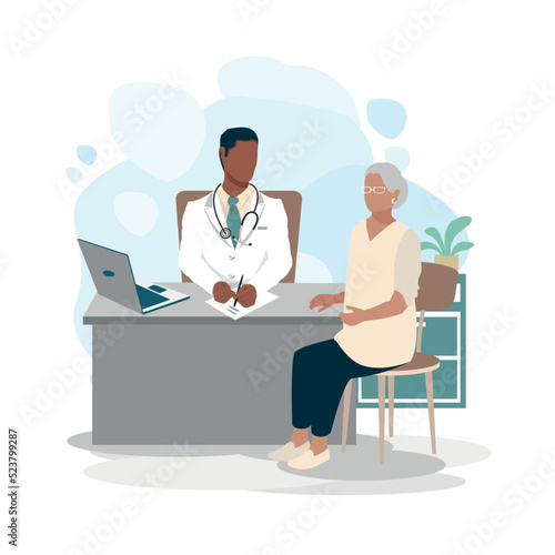 Elderly woman at the doctor's office. Doctor and patient. Thank you doctors and nurses. Vector illustration in a flat style.