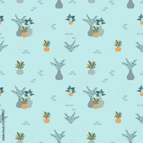 Floral seamless pattern on blue background. Trendy print plants