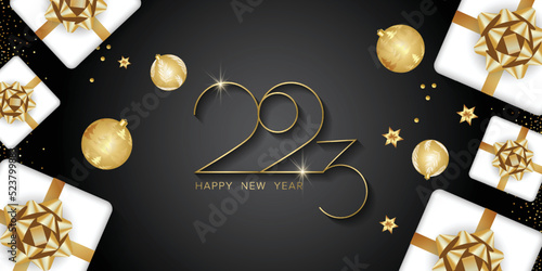 Happy new year 2023. Realistic elegant vector templates. Realistic gifts and Christmas garlands. Vector