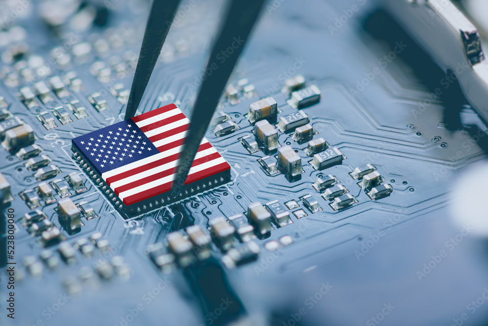 Flag of USA on a processor, CPU Central processing Unit or GPU microchip on a motherboard
