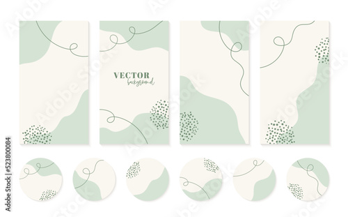 Minimalist instagram stories templates and highlight story cover icons in green neutral colors. Abstract organic hand drawn shapes vector backgrounds