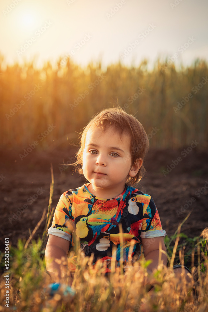 Happy child in nature. Happy childhood in the village. A child in the village, walking in a wheat field. Ukrainian Happy child in nature. Happy childhood in the village. A child in the village, walking in a wheat field. Ukrainian
