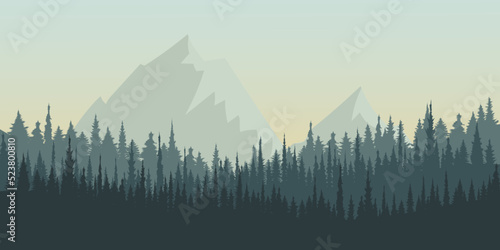 Vector illustration mountains. Mysterious landscape of forest, mountaings in fog	
