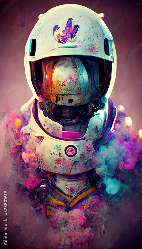 Portrait of a neon astronaut from the future. An astronaut posing in an astronaut  costume and space helmet in the middle of multicolored smoke. Perfect for  phone wallpaper or for posters. Stock