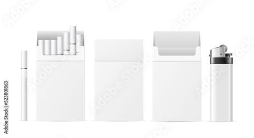 Realistic Detailed 3d Cigarette Pack Blank White with Pocket Lighter Set. Vector