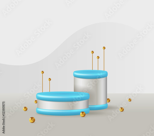 Abstract blue 3d podiums with golden balls. Vector 3d scene with abstract background. Demonstration of the product on the platform.
