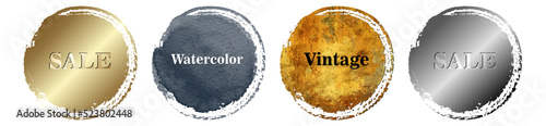 Gold sticker. Set of vector template for design. Watercolor and metallic paint stain. Golden flyer. Hand drawn golden texture. Gold paint. Luxury backdrop for design. Grunge empty blank for text.