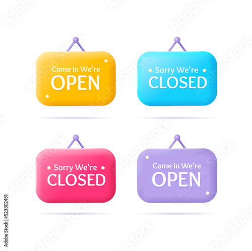 3d Open and Close Sign Set Plasticine Cartoon Style. Vector