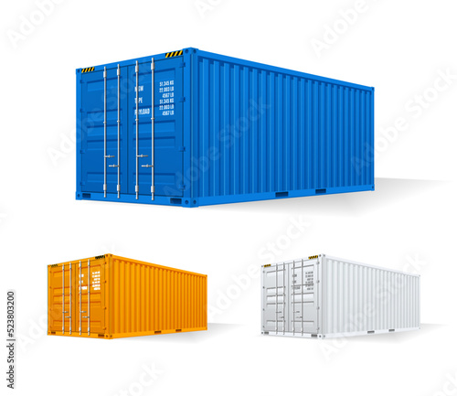 Realistic Detailed 3d Shipping Cargo Container Set. Vector