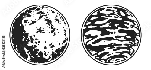 Space planets monochrome label vintage