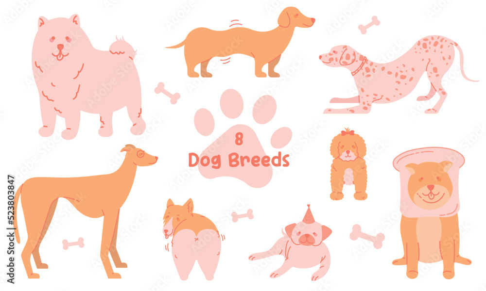 Vector Doodle Dog Breeds set. Outline Dogs in modern Flat style. Cartoon Dogs pack. Vector Doodle Dog Breeds set. Outline Dogs in modern Flat style. Cartoon Dogs pack.