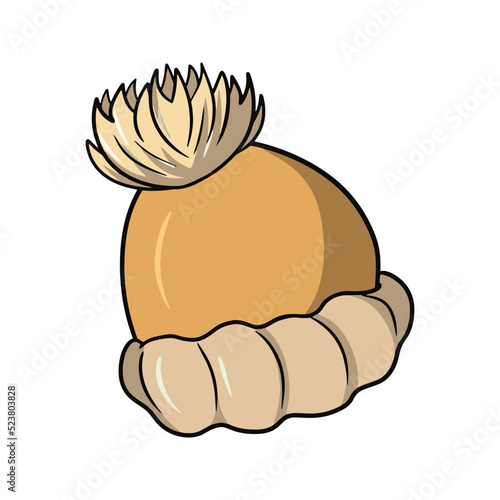 Autumn orange knitted warm hat with a pompom, vector cartoon