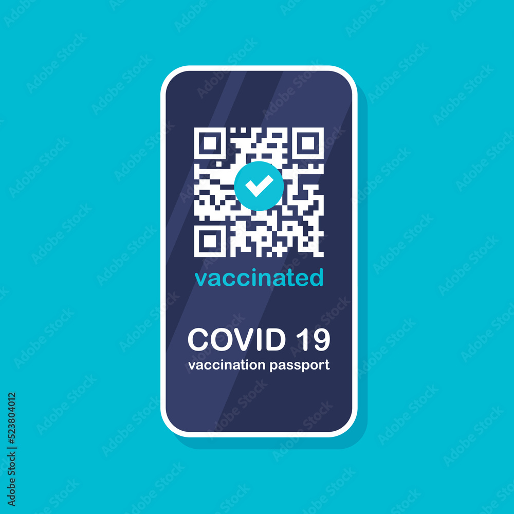 Covid-19 vaccination passport app. Certificate with QR code on smartphone screen. UI template. Vector illustration in trendy flat style.