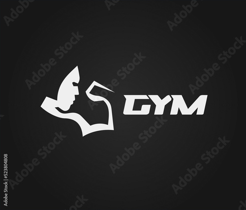 Man bodybuilder bust with inflated arm, white silhouette, gym trainer logo concept. Vector illustration