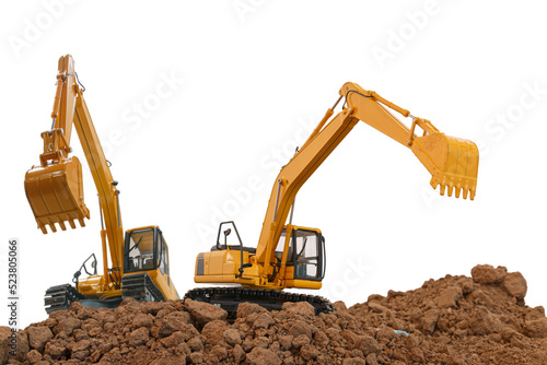 Two Crawler Excavator is digging with lift up in the construction site on isolated white background.