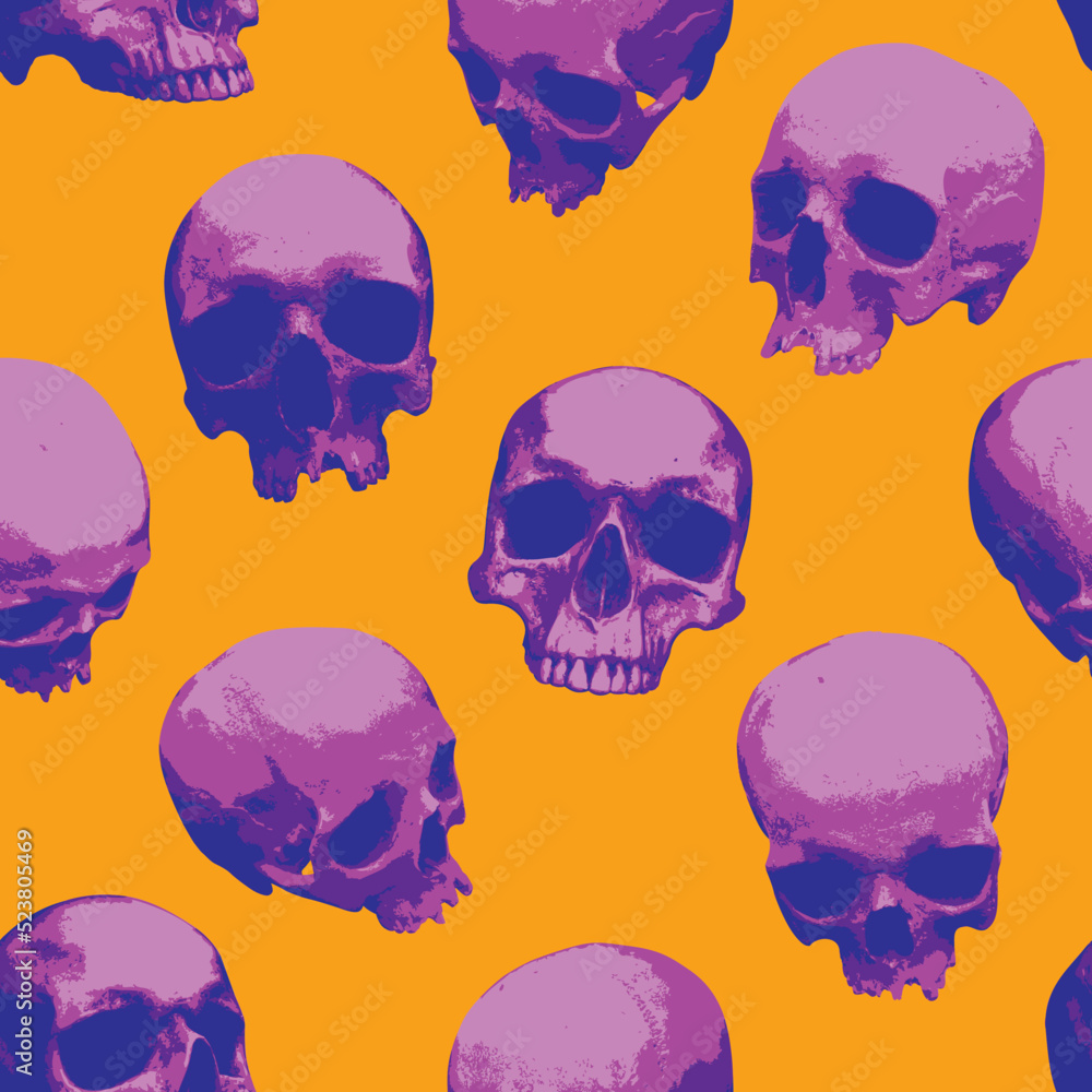 Seamless pattern with purple skulls on an orange backdrop. Creative vector background with realistic human skulls for Halloween party. Bright graphic print for wallpaper, wrapping paper, clothing Seamless pattern with purple skulls on an orange backdrop. Creative vector background with realistic human skulls for Halloween party. Bright graphic print for wallpaper, wrapping paper, clothing