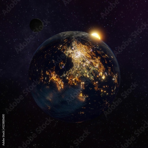 Eine 3 D Illustration, Berlin in der naht, aus dem Universum gesehen.