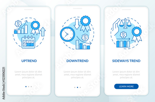 Types of trends blue onboarding mobile app screen. Stock market walkthrough 3 steps editable graphic instructions with linear concepts. UI, UX, GUI template. Myriad Pro-Bold, Regular fonts used