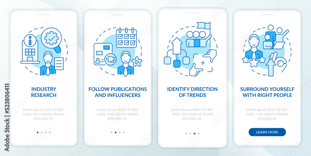How to identify trends blue onboarding mobile app screen. Management walkthrough 4 steps editable graphic instructions with linear concepts. UI, UX, GUI template. Myriad Pro-Bold, Regular fonts used