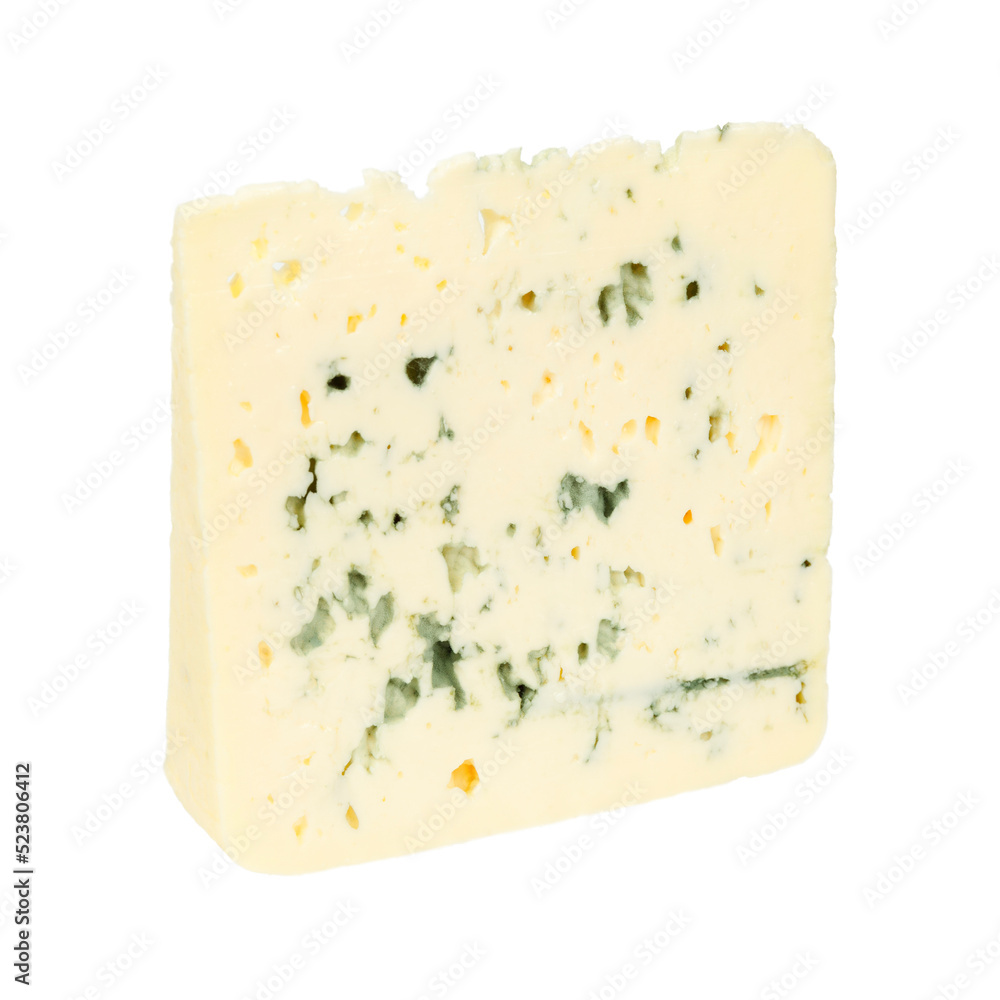 A piece of blue cheese on a white background, close-up.