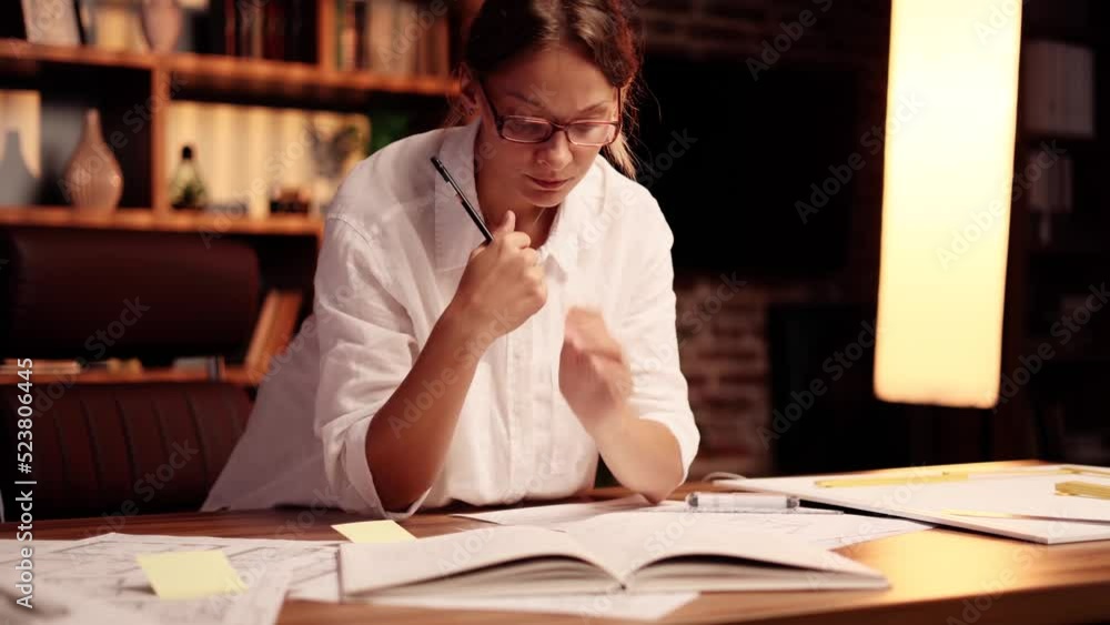 Portrait of attractive architect looking at architectural drawings at office. Architect or engineer working, browsing building project. Portrait of attractive architect looking at architectural drawings at office. Architect or engineer working, browsing building project.