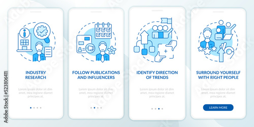 How to identify trends blue onboarding mobile app screen. Management walkthrough 4 steps editable graphic instructions with linear concepts. UI, UX, GUI template. Myriad Pro-Bold, Regular fonts used