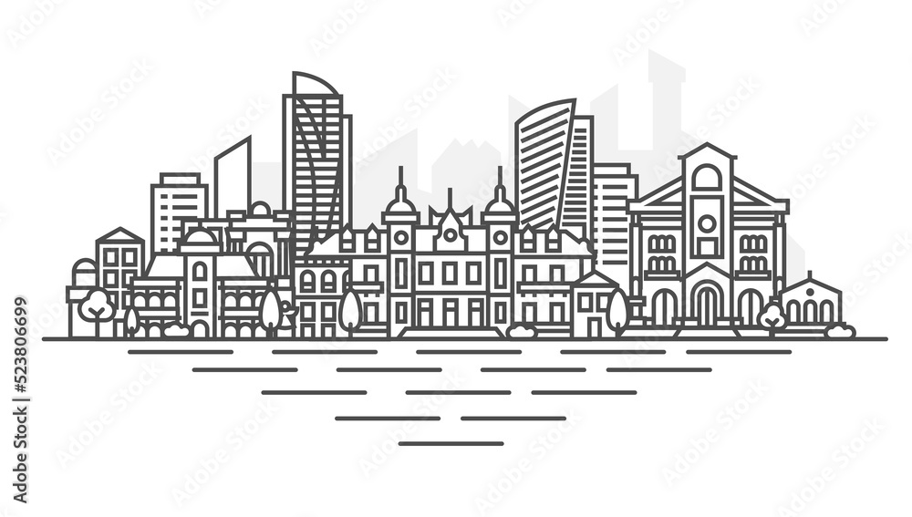 Monaco, Principality of Monaco architecture line skyline illustration. Linear vector cityscape with famous landmarks, city sights, design icons. Landscape with editable strokes.