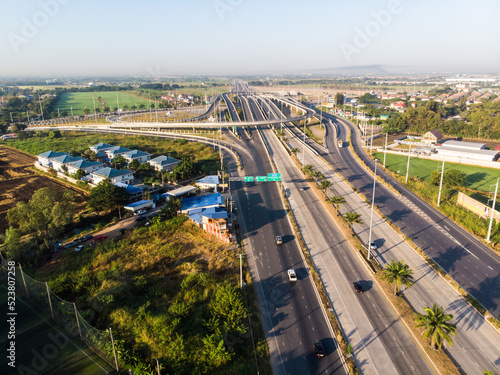Aerial view junction transport asphalt road with vehicle transport