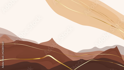 Foto Modern landscape background of mountains with golden lines and watercolor streaks