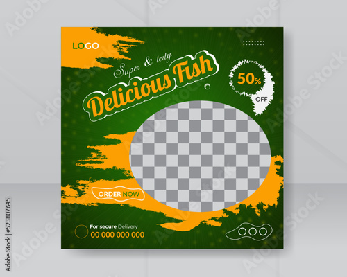 Fish social media post or web banner design template, Sea and freshwater fish Social media and web ads promotion instagram post template,