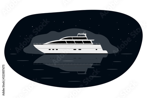 Vector image of the yacht. A large boat for sea and ocean navigation. Night walk on the sea. Vector Illustration. EPS 10