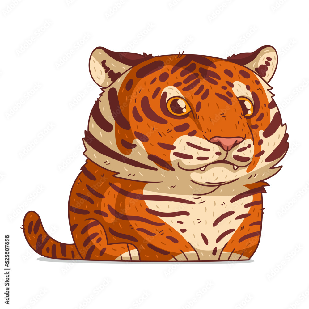 A Tiger, isolated vector illustration. Cute cartoon picture of a baby tiger  sitting. An animal sticker.