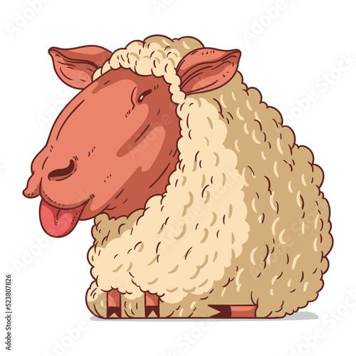 A Sheep, isolated vector illustration. Funny cartoon picture of a ewe sticking its tongue. A drawn lamb sticker. Simple drawing of a cute sheep on white background. A domestic animal. Livestock.