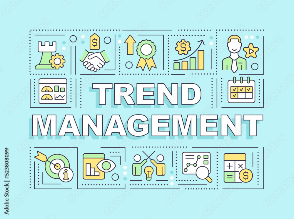 Trend management word concepts turquoise banner. Profit forecast. Infographics with editable icons on color background. Isolated typography. Vector illustration with text. Arial-Black font used