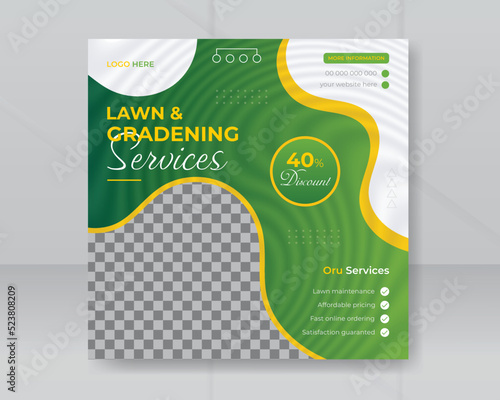 Lawn or gardening service social media post and web banner template layout design