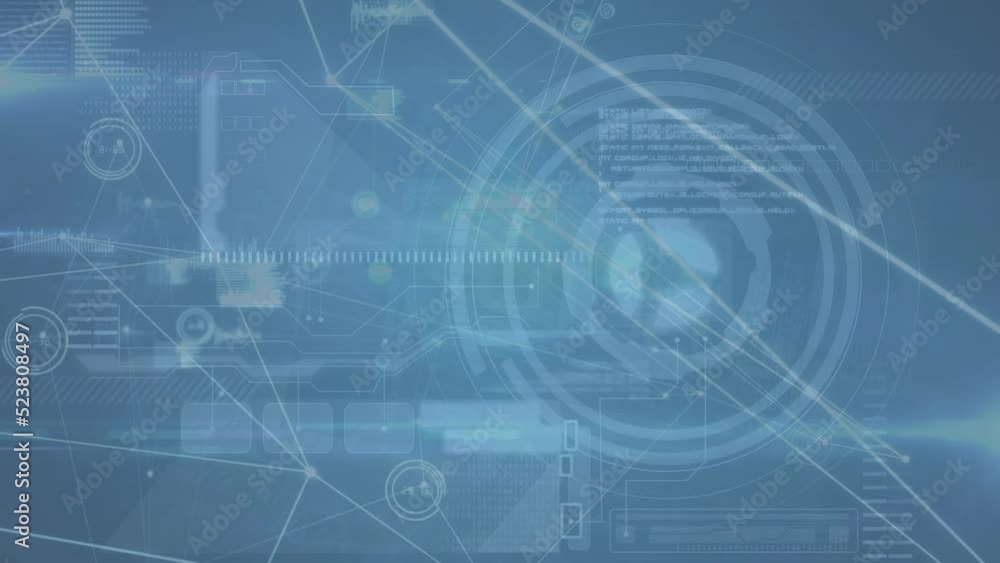 Animation of lines connecting dots against data processing with hud on digital interface Animation of lines connecting dots against data processing with hud on digital interface